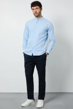 Chemise Oxford Bleu Clair Col Grand-père Manches Longues