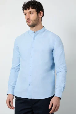 Chemise Oxford Bleu Clair Col Grand-père Manches Longues