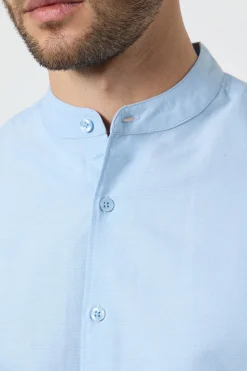 Chemise Oxford Bleu Clair Col Grand-père Manches Longues
