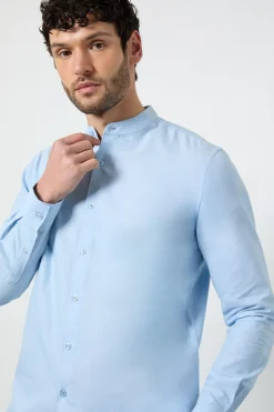 Chemise Oxford Bleu Clair Col Grand-père Manches Longues