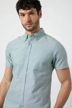 Chemise Oxford Vert Clair À Manches Courtes Avec Col Boutonné