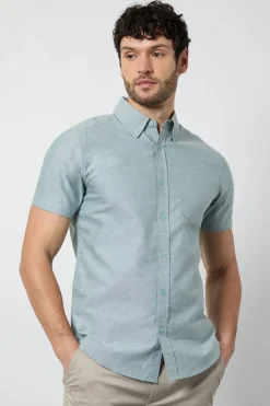 Chemise Oxford Vert Clair À Manches Courtes Avec Col Boutonné
