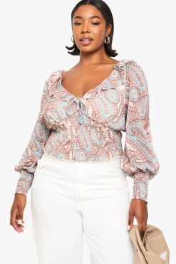 CHEMISE PLUS SIZE À DÉCOLLETÉ PLONGÉ, MOTIF PAISLEY ET TAILLE FRONCÉE