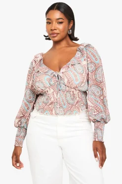 CHEMISE PLUS SIZE À DÉCOLLETÉ PLONGÉ, MOTIF PAISLEY ET TAILLE FRONCÉE