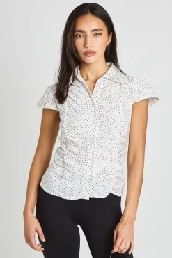 boohoo Chemise À Pois À Manches Courtes Froncée<Femme Pois|Tops