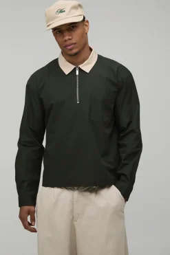 Chemise Popeline Ample Col Contrastant Fermeture Éclair Quart