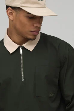 Chemise Popeline Ample Col Contrastant Fermeture Éclair Quart