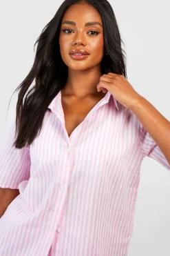 boohoo Chemise pyjama ample en coton à fines rayures et manches courtes<Femme Pyjamas