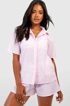 boohoo Chemise pyjama ample en coton à fines rayures et manches courtes<Femme Pyjamas