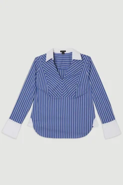 Chemise rayée ajustée à col et poignets contrastants