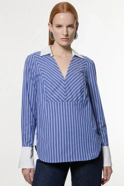 Chemise rayée ajustée à col et poignets contrastants