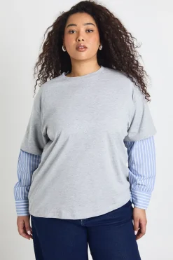 Chemise Rayée et T-shirt Oversize 2 en 1 Grande Taille