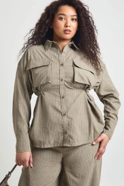 Chemise Rayée Grande Taille À Taille Ajustable Resserrée