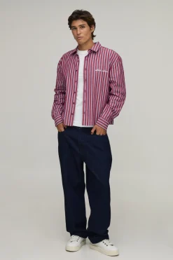 boohooMAN Chemise Rayée Oversize Brodée À Manches Longues Coupe Boxy<Homme Chemises