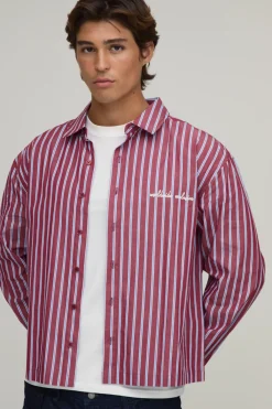 boohooMAN Chemise Rayée Oversize Brodée À Manches Longues Coupe Boxy<Homme Chemises