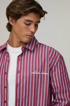 boohooMAN Chemise Rayée Oversize Brodée À Manches Longues Coupe Boxy<Homme Chemises