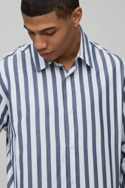 boohooMAN Chemise Rayée Oversize Coupe Ample Manches Longues Ourlet Arrondi<Homme Chemises