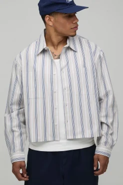 boohooMAN Chemise Rayée Oversize Courte à Manches Longues Coupe Boxy<Homme Chemises