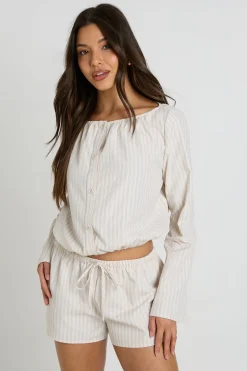 Chemise Rayée Sans Col À Boutons