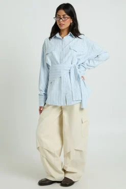 Chemise Rayée Tissée Oversize Avec Ceinture À Nouer