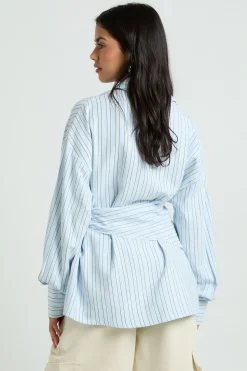 Chemise Rayée Tissée Oversize Avec Ceinture À Nouer