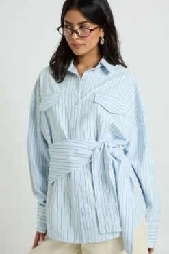 Chemise Rayée Tissée Oversize Avec Ceinture À Nouer