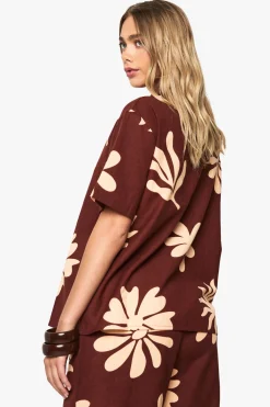 boohoo Chemise Resort en lin à imprimé Shell<Femme Looks Chocolat|Tops