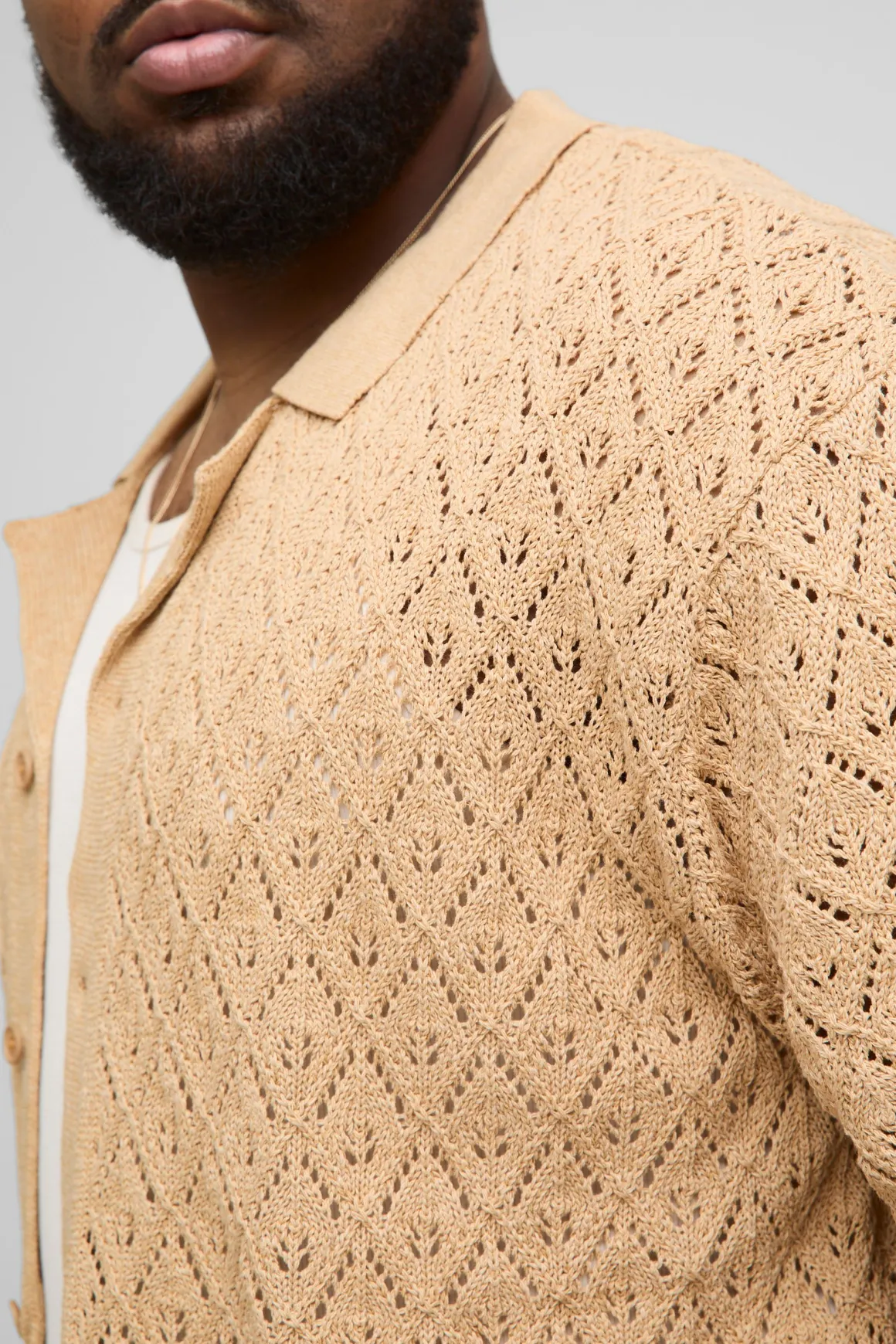 Chemise Revere en crochet pointelle à motif feuille surdimensionnée