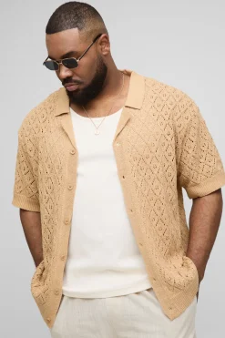 Chemise Revere en crochet pointelle à motif feuille surdimensionnée