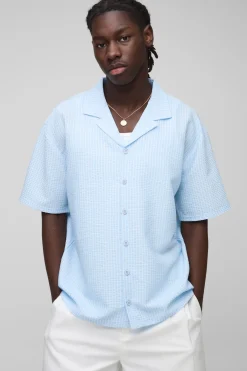 boohooMAN Chemise Revere oversize en seersucker à rayures brodées<Homme Chemises Grande Taille|Chemises