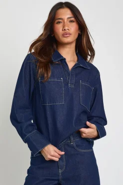 boohoo Chemise Rugby À Col En Denim<Femme Denim|Denim
