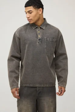boohooMAN Chemise Rugby En Denim Délavé<Homme Denim|Denim