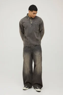 boohooMAN Chemise Rugby En Denim Délavé<Homme Denim|Denim