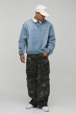 boohooMAN Chemise Rugby En Jean Délavé Oversize Brodée<Homme Denim|Denim