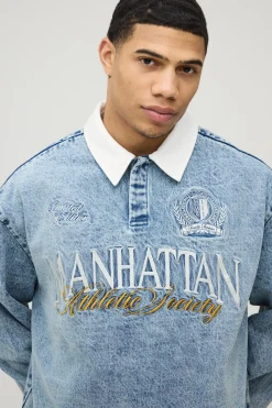 Chemise Rugby Universitaire En Denim Délavé Brodée Coupe Oversize