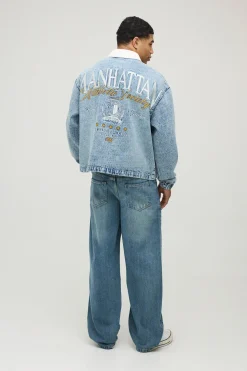 Chemise Rugby Universitaire En Denim Délavé Brodée Coupe Oversize