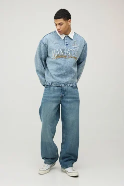 Chemise Rugby Universitaire En Denim Délavé Brodée Coupe Oversize
