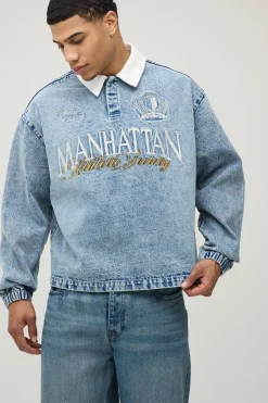 Chemise Rugby Universitaire En Denim Délavé Brodée Coupe Oversize