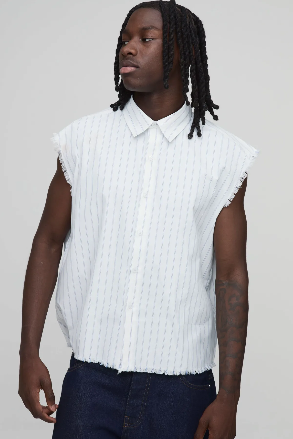 boohooMAN Chemise Sans Manches Oversize Coupe Boxy À Double Rayure Et Coutures Apparentes<Homme Chemises Grande Taille|Chemises
