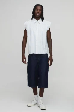boohooMAN Chemise Sans Manches Oversize Coupe Boxy À Double Rayure Et Coutures Apparentes<Homme Chemises Grande Taille|Chemises