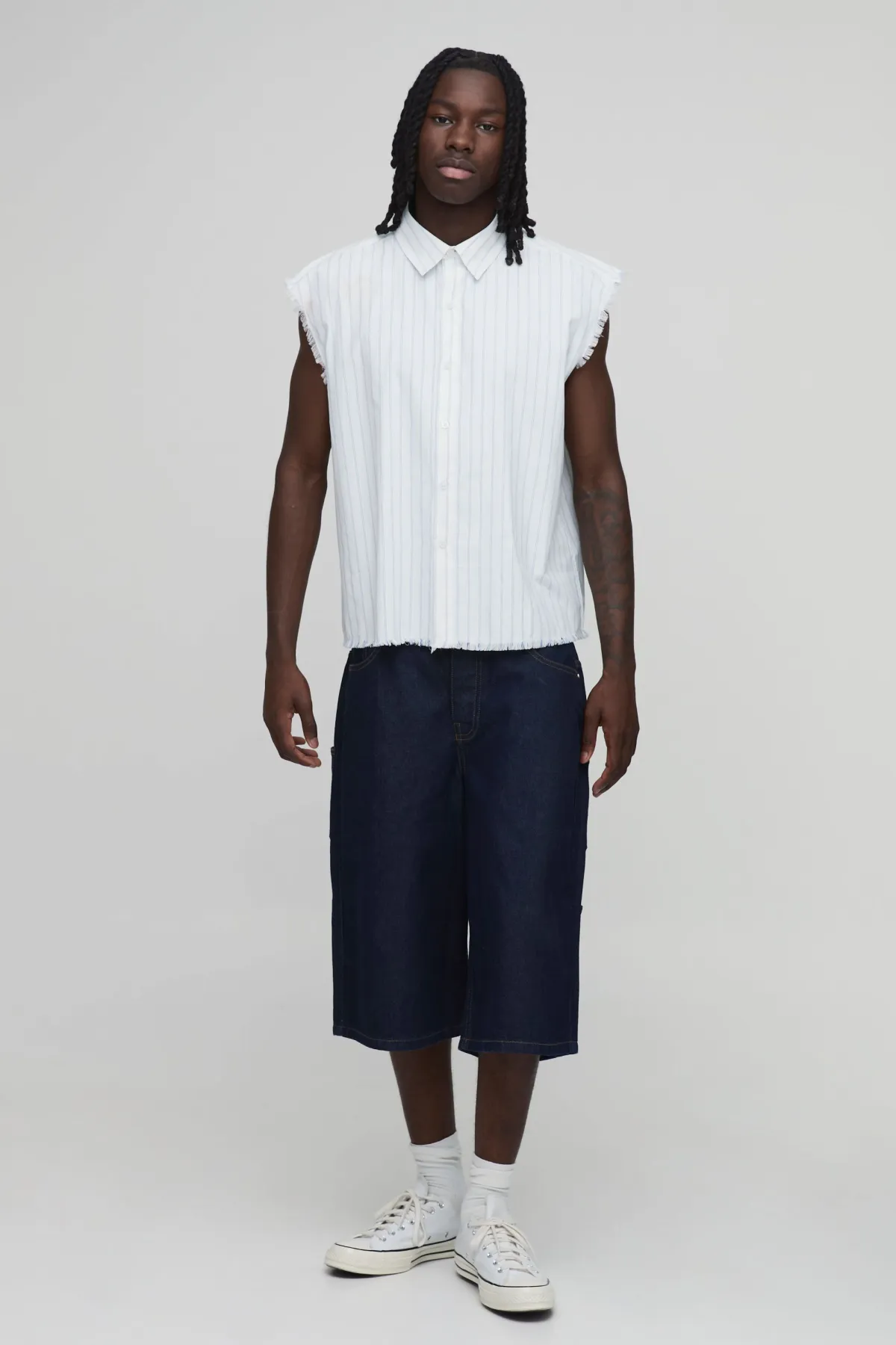 boohooMAN Chemise Sans Manches Oversize Coupe Boxy À Double Rayure Et Coutures Apparentes<Homme Chemises Grande Taille|Chemises