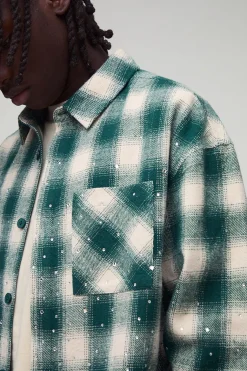 Chemise surdimensionnée à carreaux ombrée, ornée de strass, en tissu épais