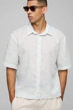 boohooMAN Chemise surdimensionnée à manches mi-longues, rayée en tissu slub, à col<Homme Chemises