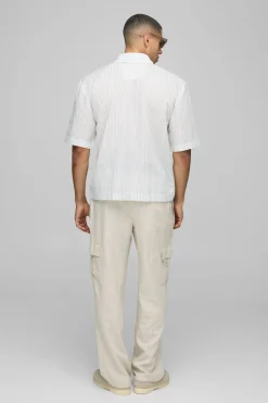 boohooMAN Chemise surdimensionnée à manches mi-longues, rayée en tissu slub, à col<Homme Chemises