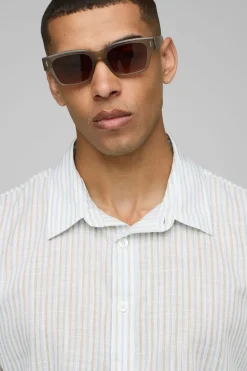 boohooMAN Chemise surdimensionnée à manches mi-longues, rayée en tissu slub, à col<Homme Chemises