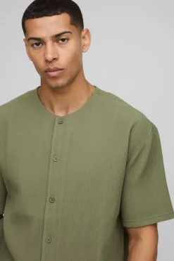 Chemise surdimensionnée sans col à manches courtes plissée
