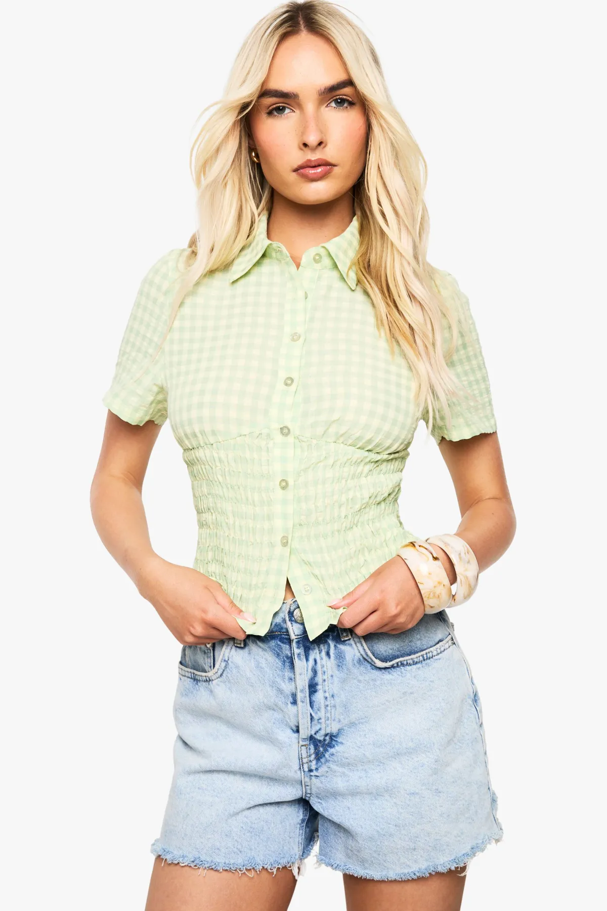 boohoo Chemise à taille plissée en vichy<Femme Tops