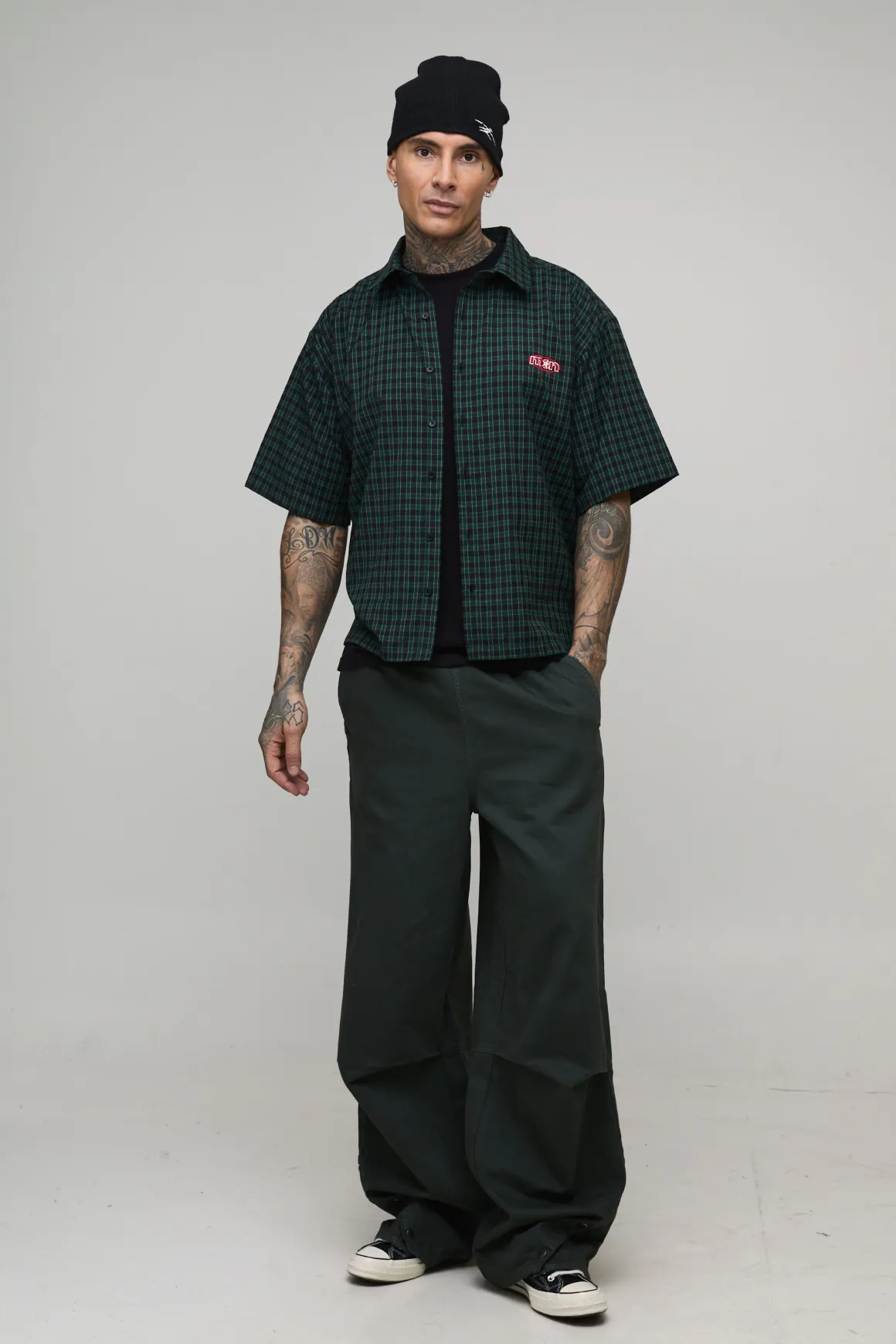 Chemise Tall Oversize Ample à Carreaux Micro Brodée