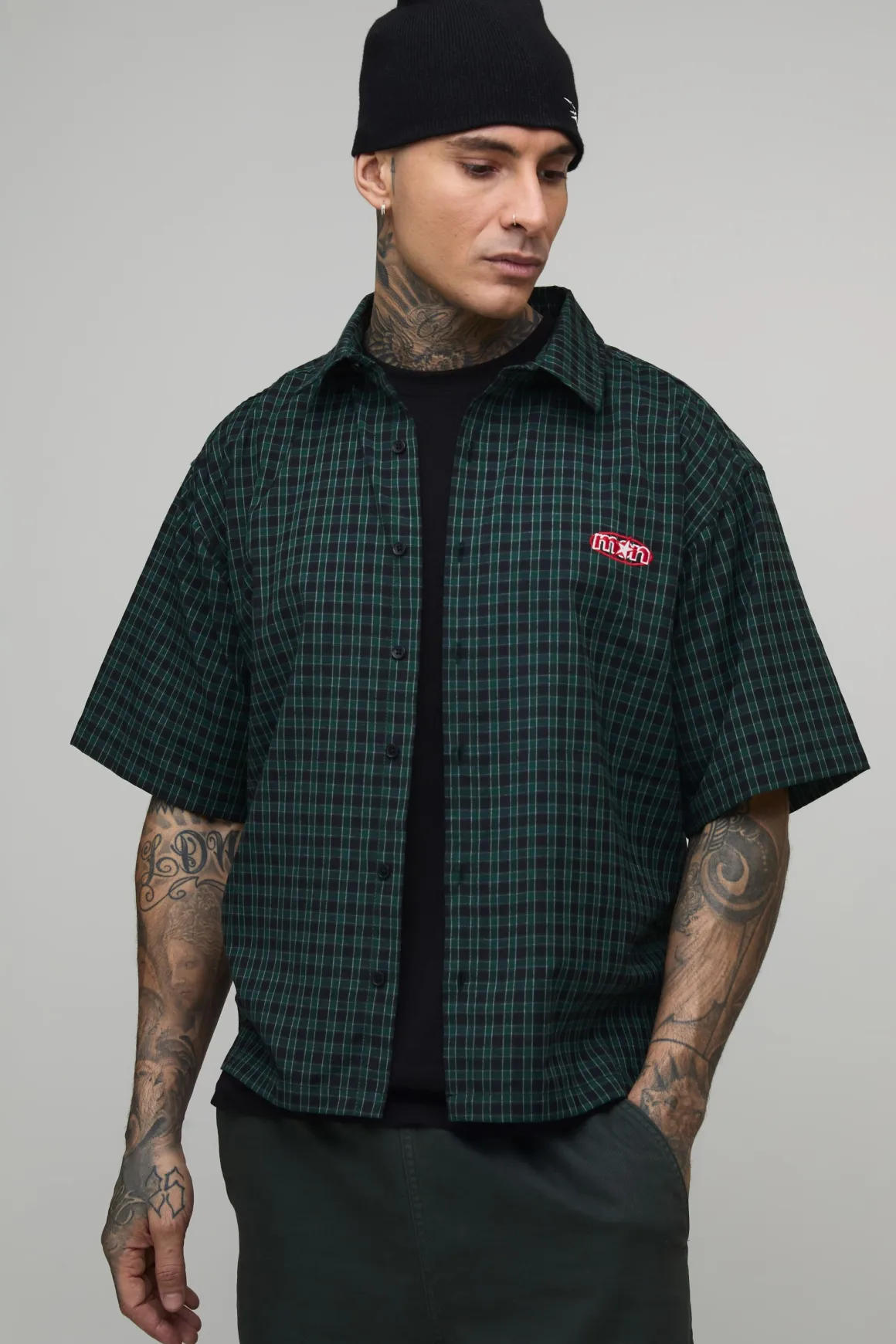 Chemise Tall Oversize Ample à Carreaux Micro Brodée