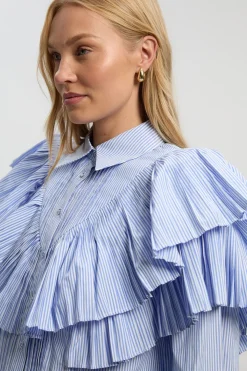 Chemise Tissée à Col avec Détails de Volants à Rayures en Popeline de Coton Manches Longues